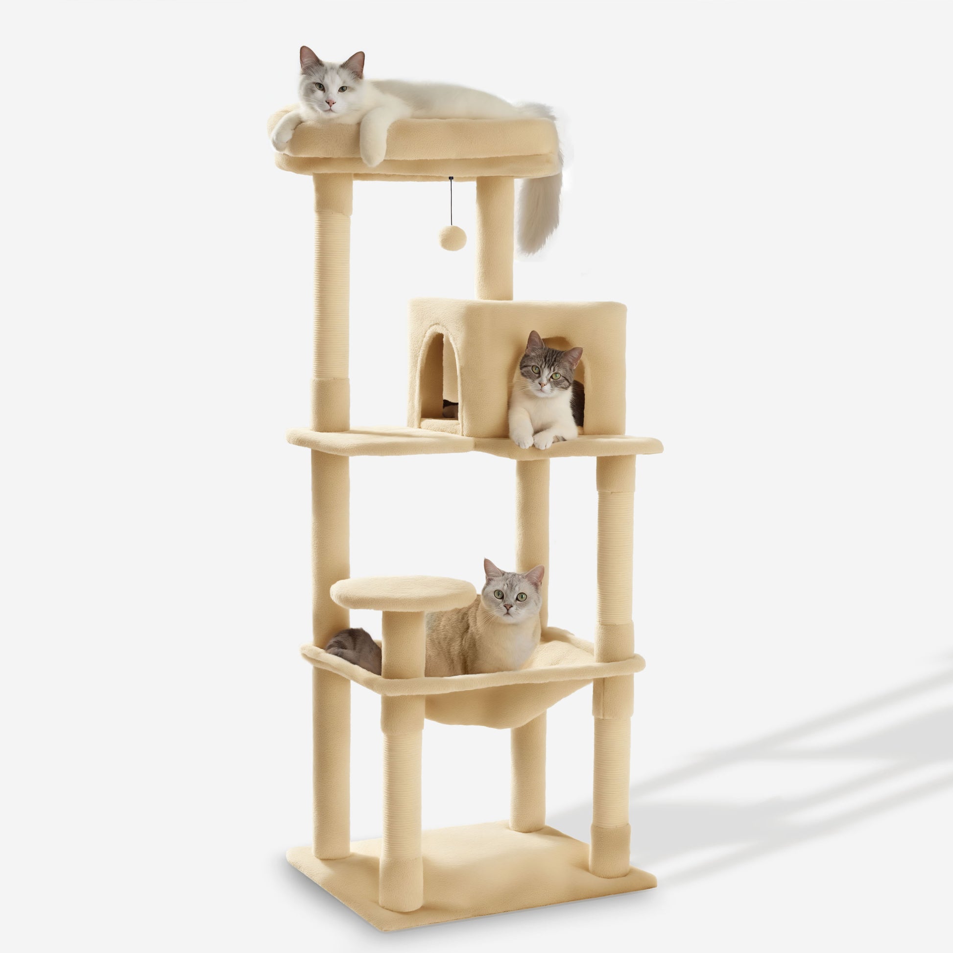 Cozy multi-level cat tree with plush design, featuring platforms, 
sisal scratching posts, a hideaway cubby, and interactive hanging toys